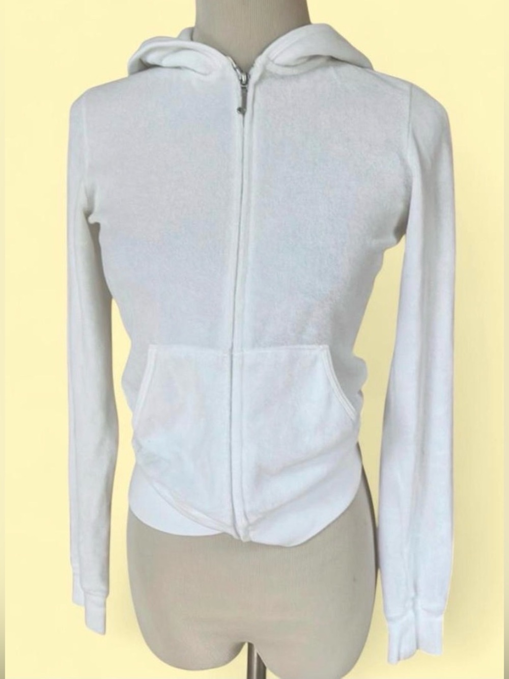 Vintage Juicy Couture White Terry Cloth Zip Up Hoodie Petite Y2K Made in USA